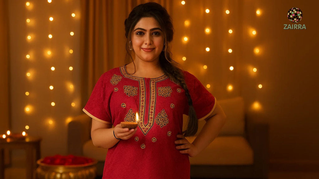Embroidered Cotton Nightgown for Diwali Evenings at Home