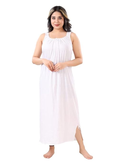 Sleeveless cotton blend maxi nighty white front view