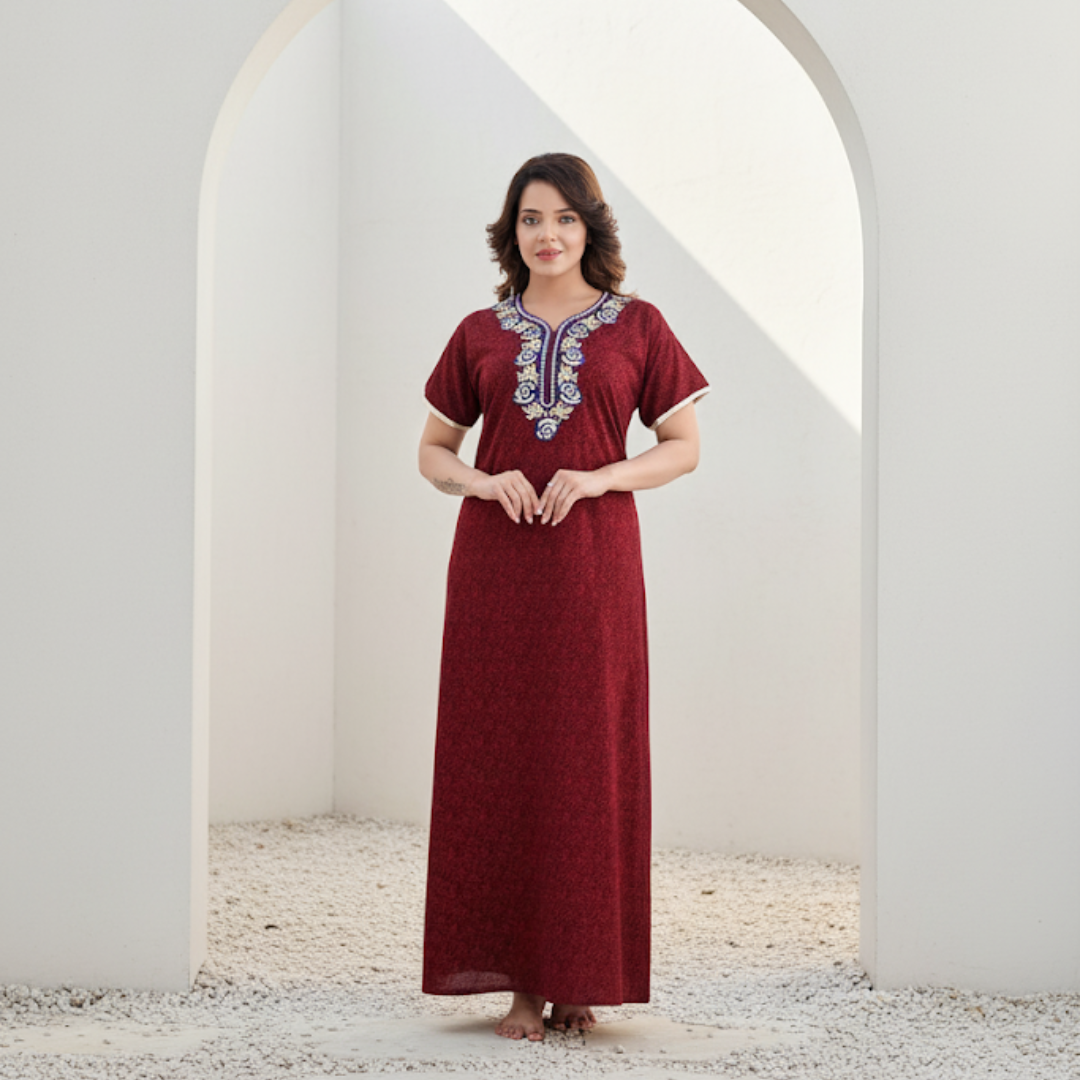 Zairra Embroidered Cotton Full-Length Nightgown for Women – Wine Red with Blue & White Embroidery, Free size