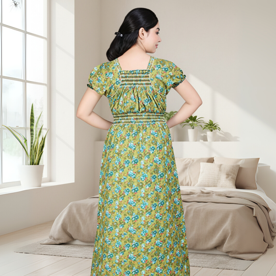 Zairra Women’s Cotton Printed Maxi Nightgown – Mustard Yellow with Blue Floral Print (Free Size)