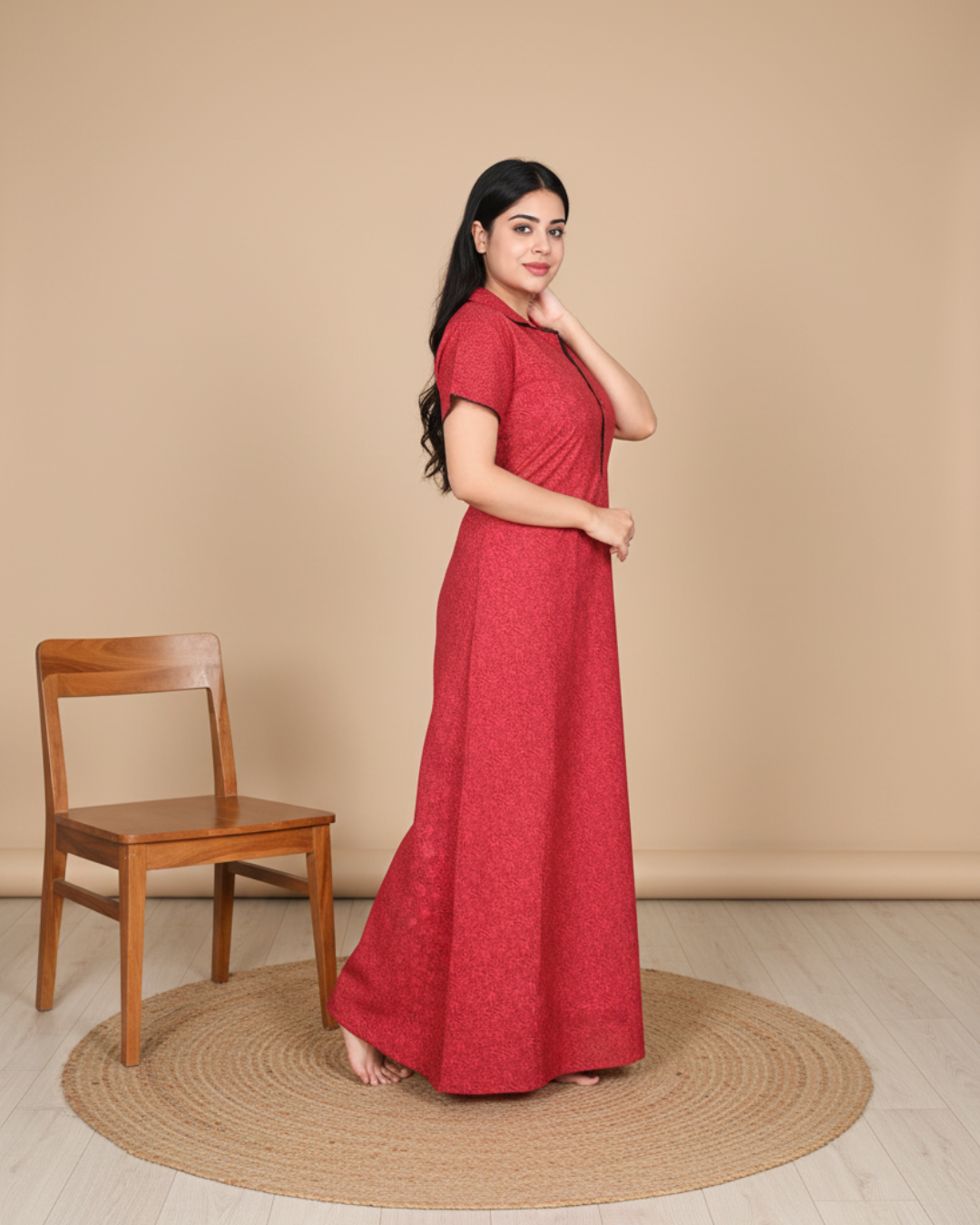 Zairra Solid Cotton Maxi Nighty for Women – Red with Button Closure (Free Size)