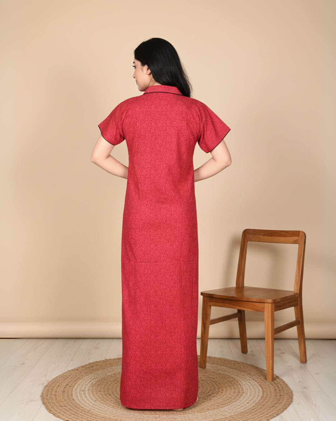 Zairra Solid Cotton Maxi Nighty for Women – Red with Button Closure (Free Size)