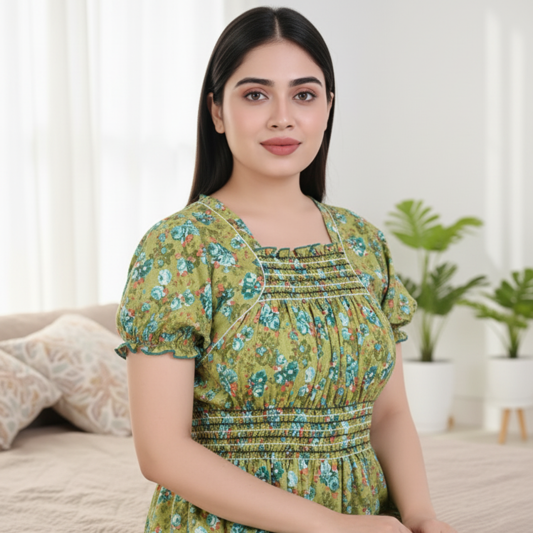 Zairra Women’s Cotton Printed Maxi Nightgown – Mustard Yellow with Blue Floral Print (Free Size)
