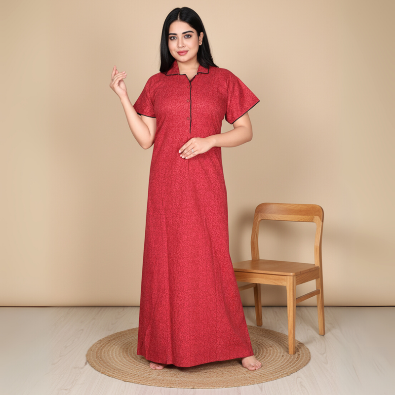 Zairra Solid Cotton Maxi Nighty for Women – Red with Button Closure (Free Size)