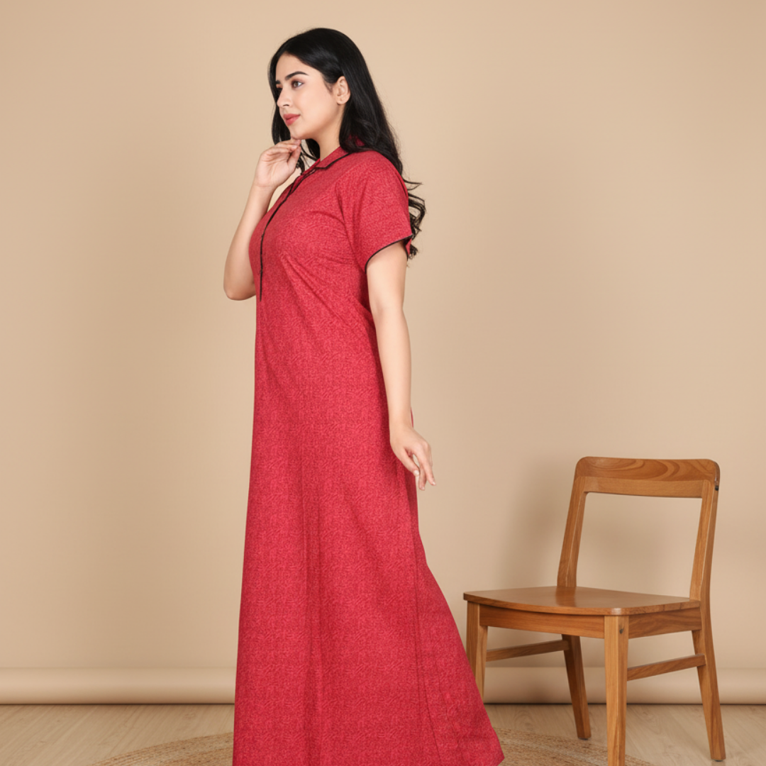 Zairra Solid Cotton Maxi Nighty for Women – Red with Button Closure (Free Size)