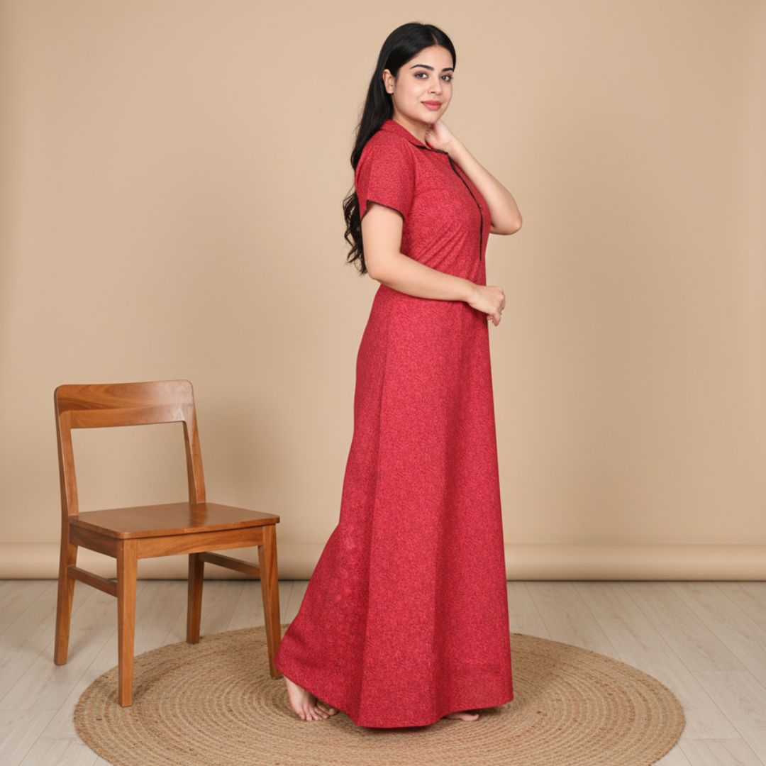Zairra Solid Cotton Maxi Nighty for Women – Red with Button Closure (Free Size)