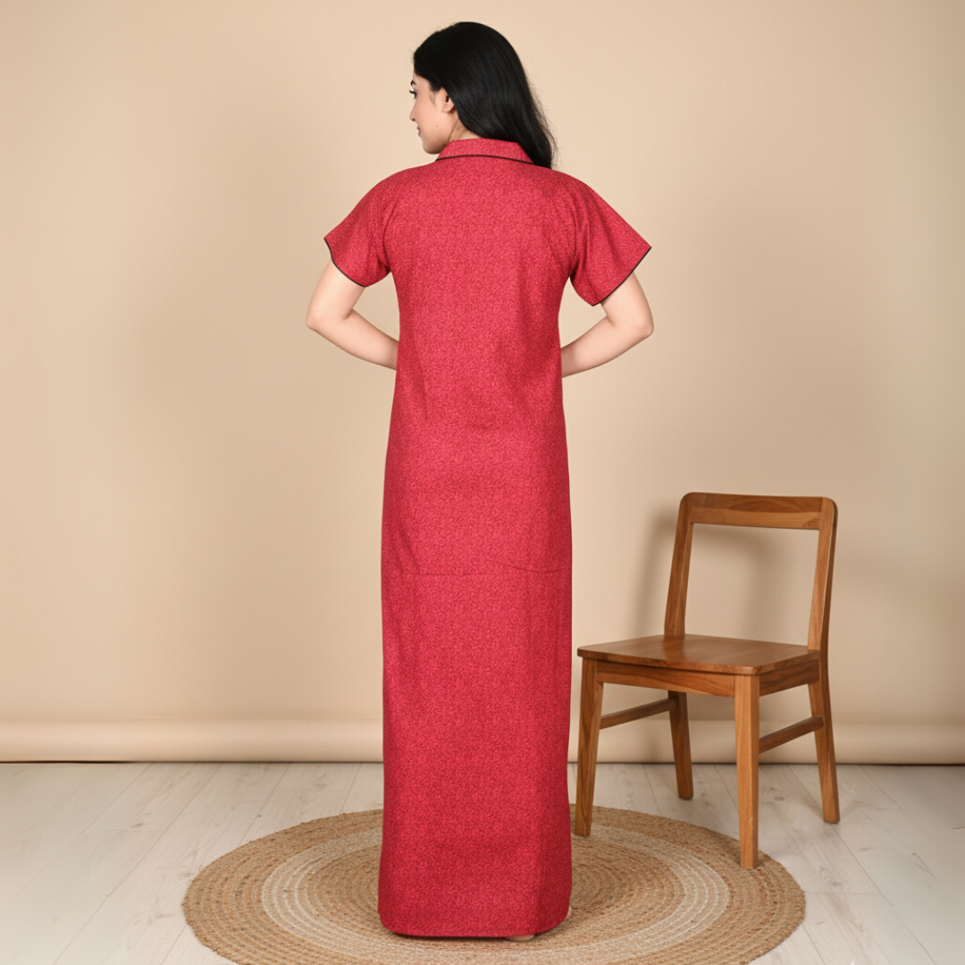 Zairra Solid Cotton Maxi Nighty for Women – Red with Button Closure (Free Size)