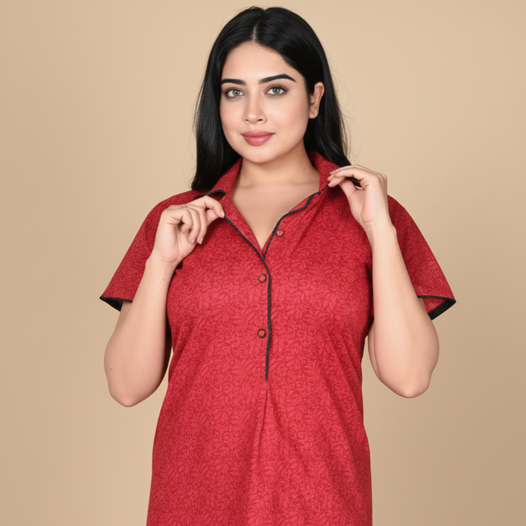 Zairra Solid Cotton Maxi Nighty for Women – Red with Button Closure (Free Size)