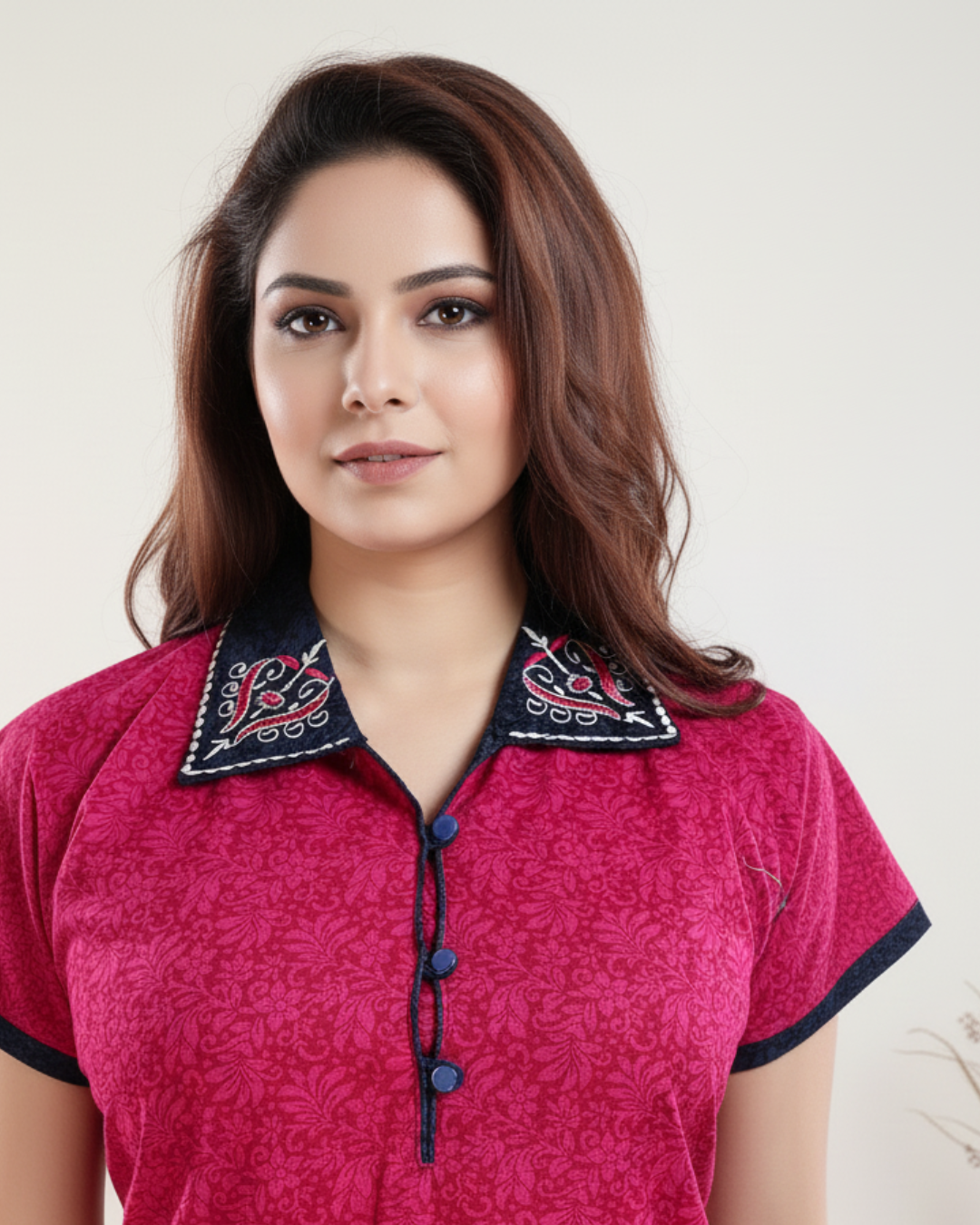 Zairra Embroidered Cotton Maxi Nightgown for Women – Dark Pink with Contrast Collar