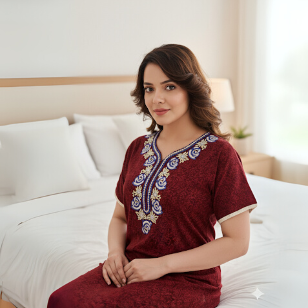 Zairra Embroidered Cotton Full-Length Nightgown for Women – Wine Red with Blue & White Embroidery, Free size