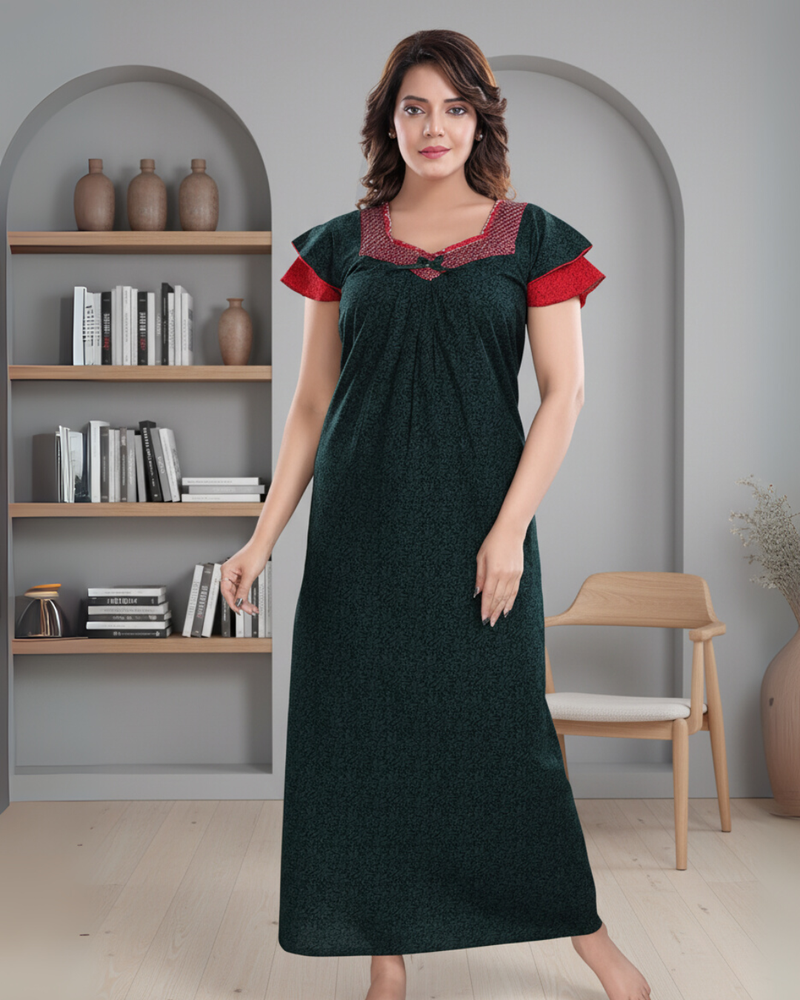 Zairra Cotton Printed Maxi Nightgown for Women – Deep Green with Red Contrast Neckline