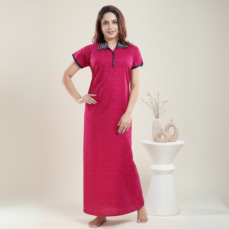 Zairra Embroidered Cotton Maxi Nightgown for Women – Dark Pink with Contrast Collar