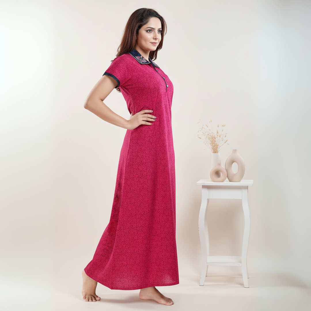 Zairra Embroidered Cotton Maxi Nightgown for Women – Dark Pink with Contrast Collar