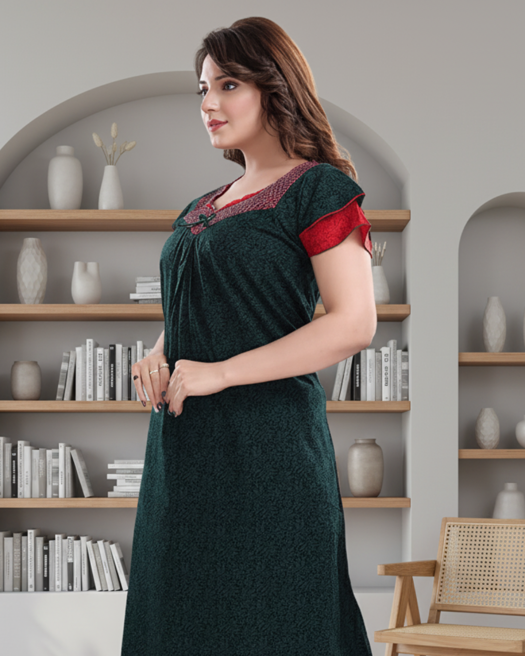 Zairra Cotton Printed Maxi Nightgown for Women – Deep Green with Red Contrast Neckline