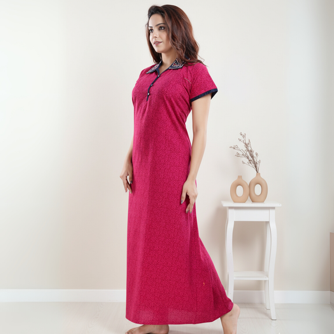Zairra Embroidered Cotton Maxi Nightgown for Women – Dark Pink with Contrast Collar