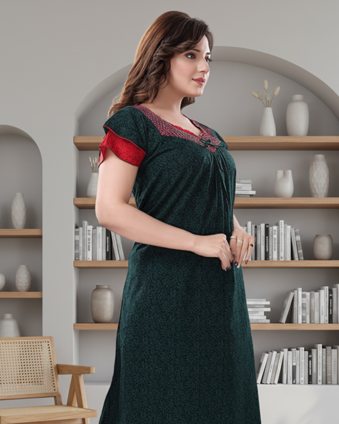 Zairra Cotton Printed Maxi Nightgown for Women – Deep Green with Red Contrast Neckline