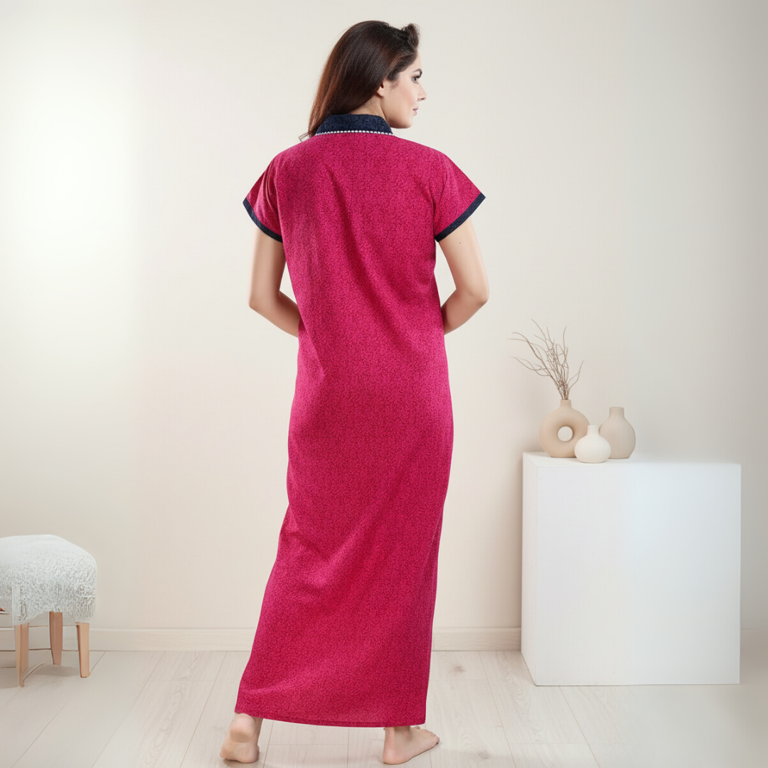 Zairra Embroidered Cotton Maxi Nightgown for Women – Dark Pink with Contrast Collar