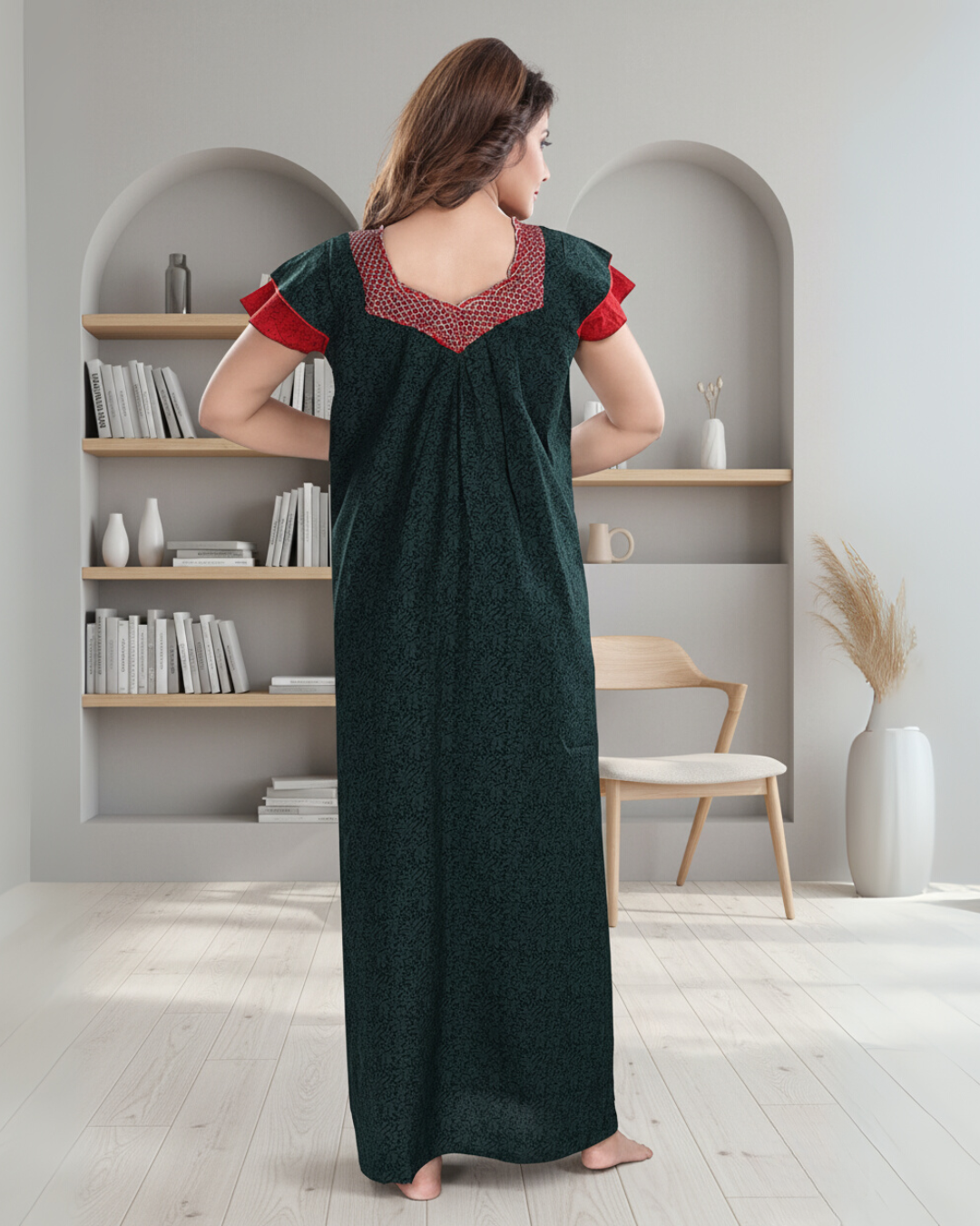 Zairra Cotton Printed Maxi Nightgown for Women – Deep Green with Red Contrast Neckline
