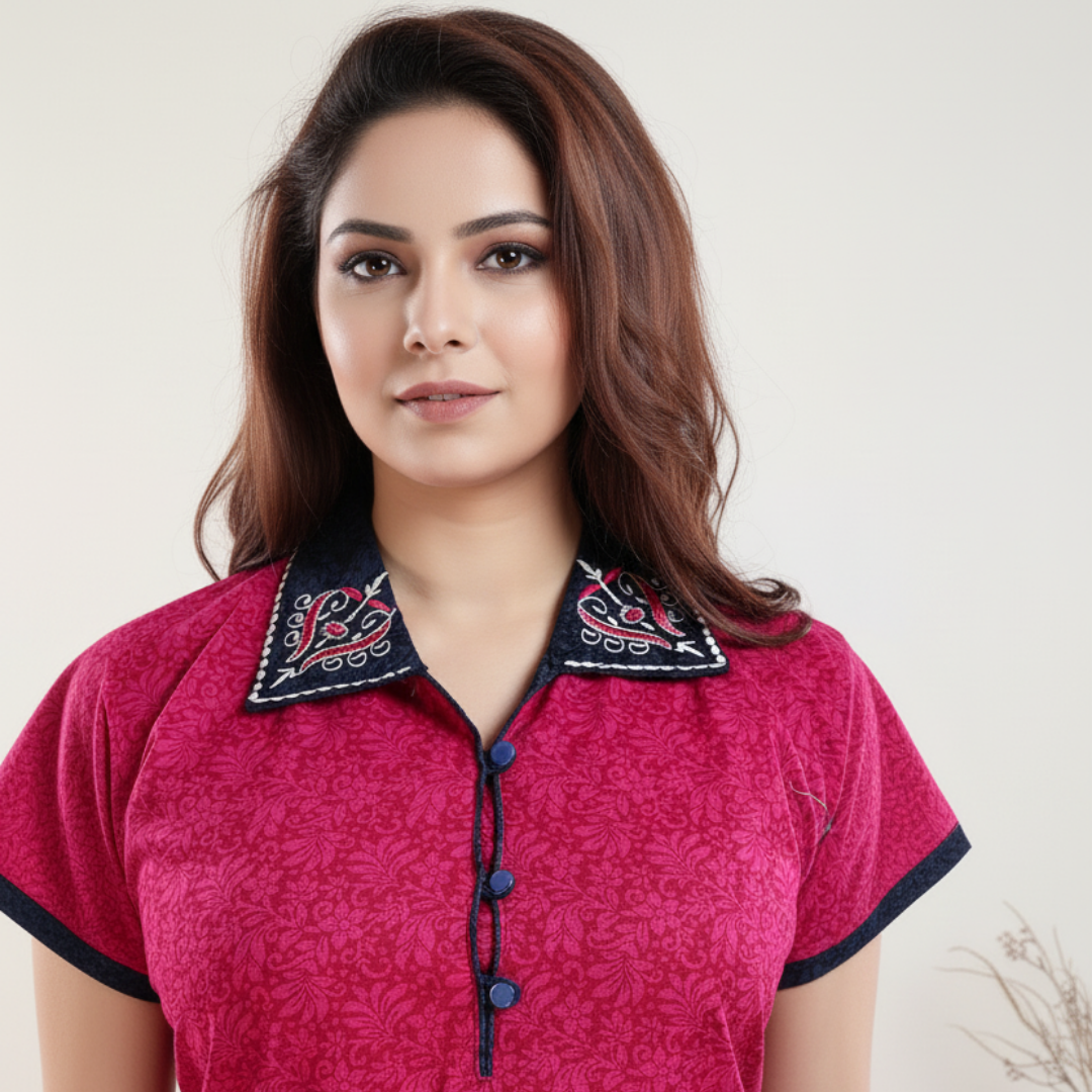 Zairra Embroidered Cotton Maxi Nightgown for Women – Dark Pink with Contrast Collar
