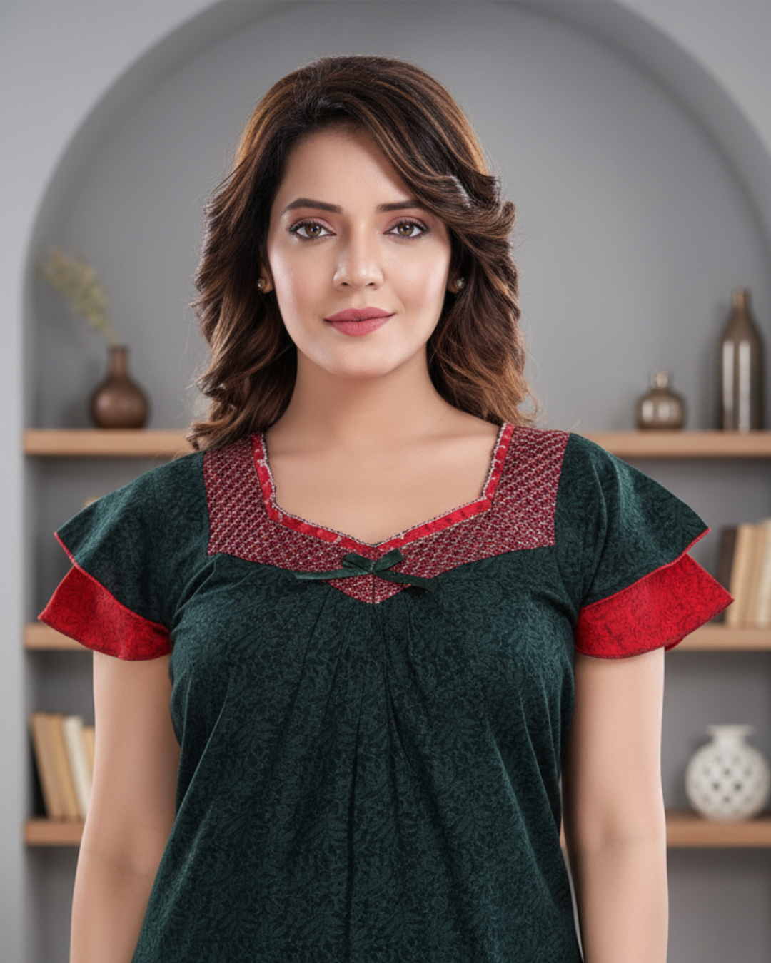 Zairra Cotton Printed Maxi Nightgown for Women – Deep Green with Red Contrast Neckline