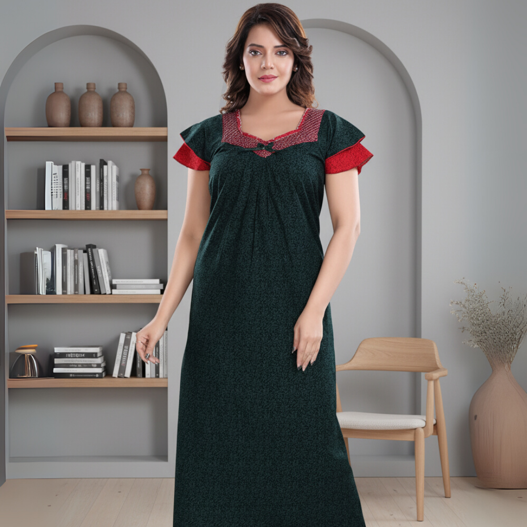 Zairra Cotton Printed Maxi Nightgown for Women – Deep Green with Red Contrast Neckline
