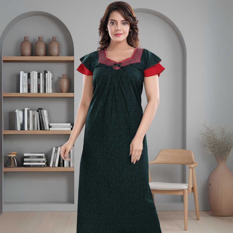 Zairra Cotton Printed Maxi Nightgown for Women – Deep Green with Red Contrast Neckline