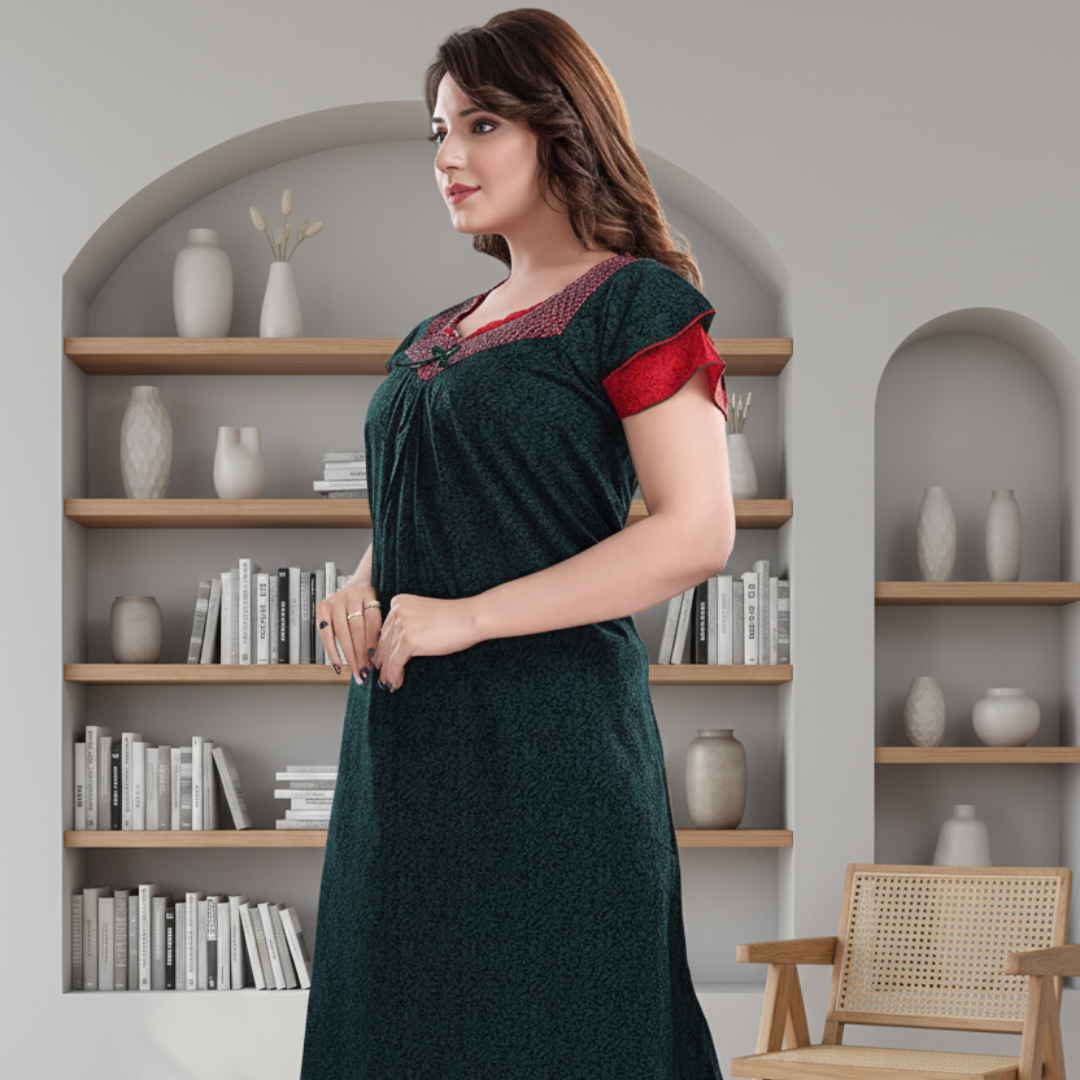 Zairra Cotton Printed Maxi Nightgown for Women – Deep Green with Red Contrast Neckline