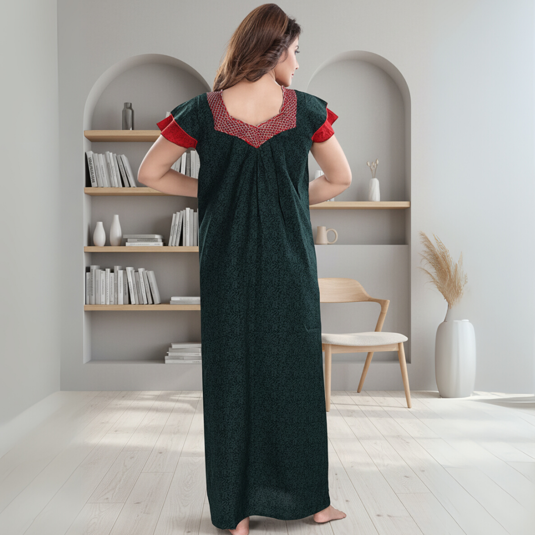 Zairra Cotton Printed Maxi Nightgown for Women – Deep Green with Red Contrast Neckline