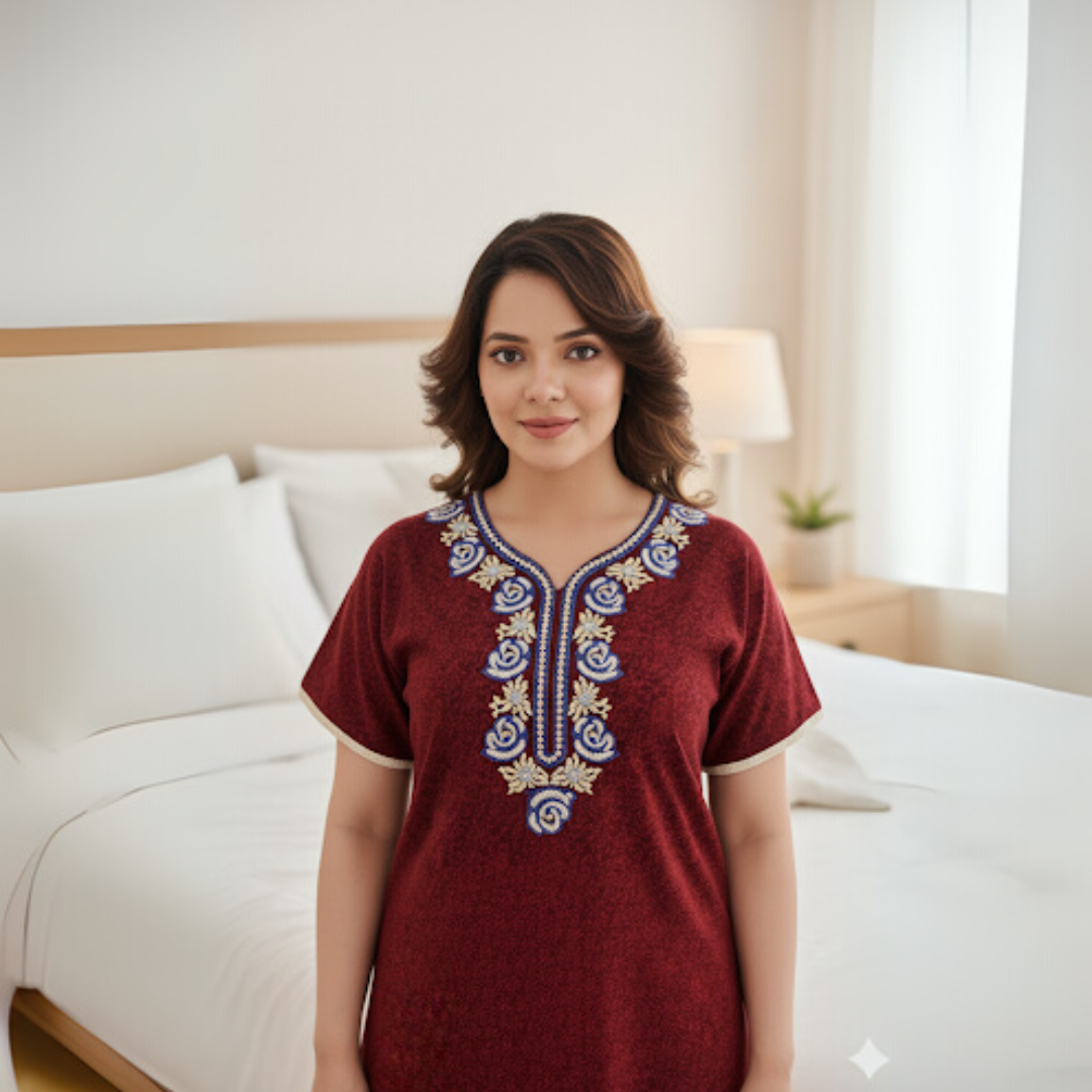 Zairra Embroidered Cotton Full-Length Nightgown for Women – Wine Red with Blue & White Embroidery, Free size