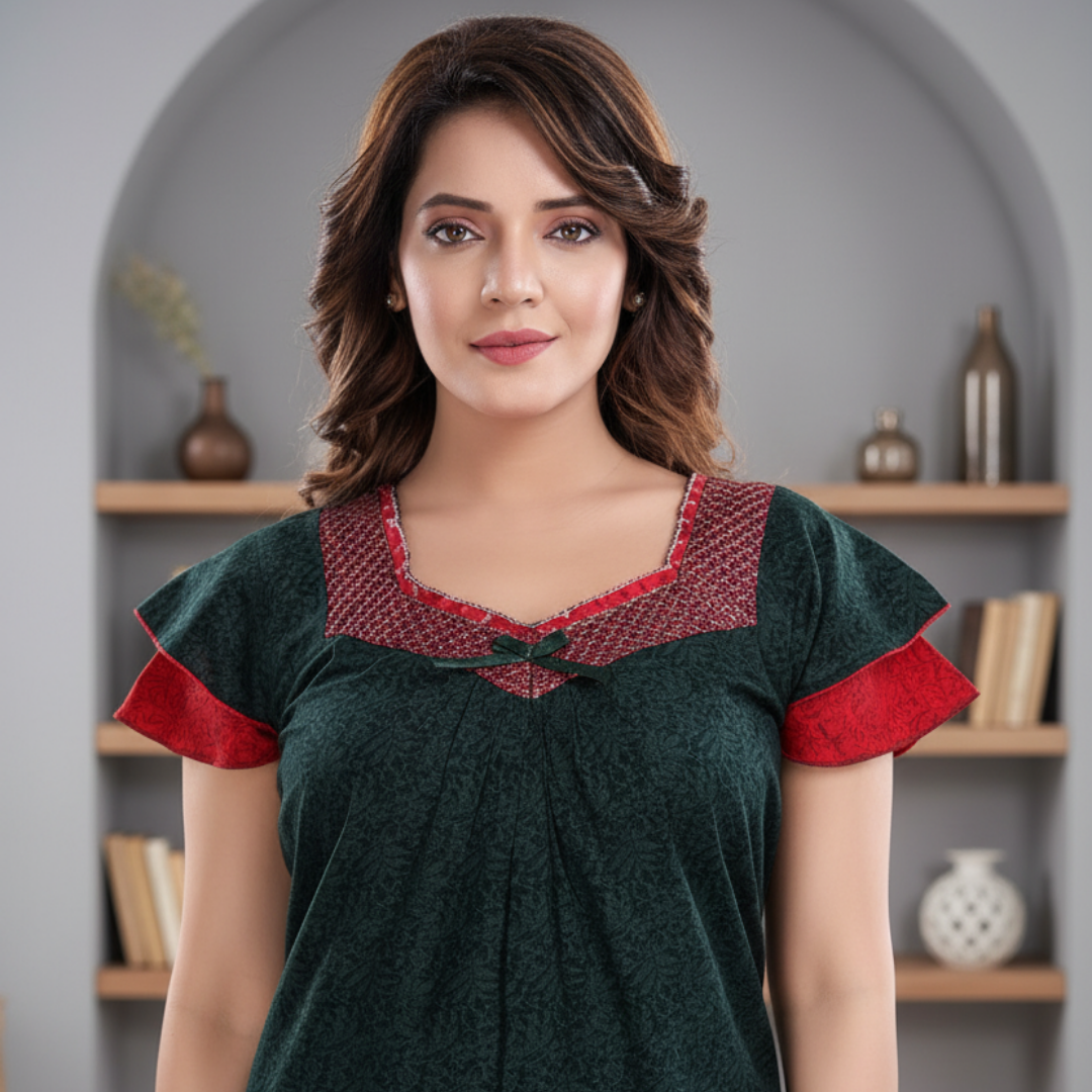 Zairra Cotton Printed Maxi Nightgown for Women – Deep Green with Red Contrast Neckline