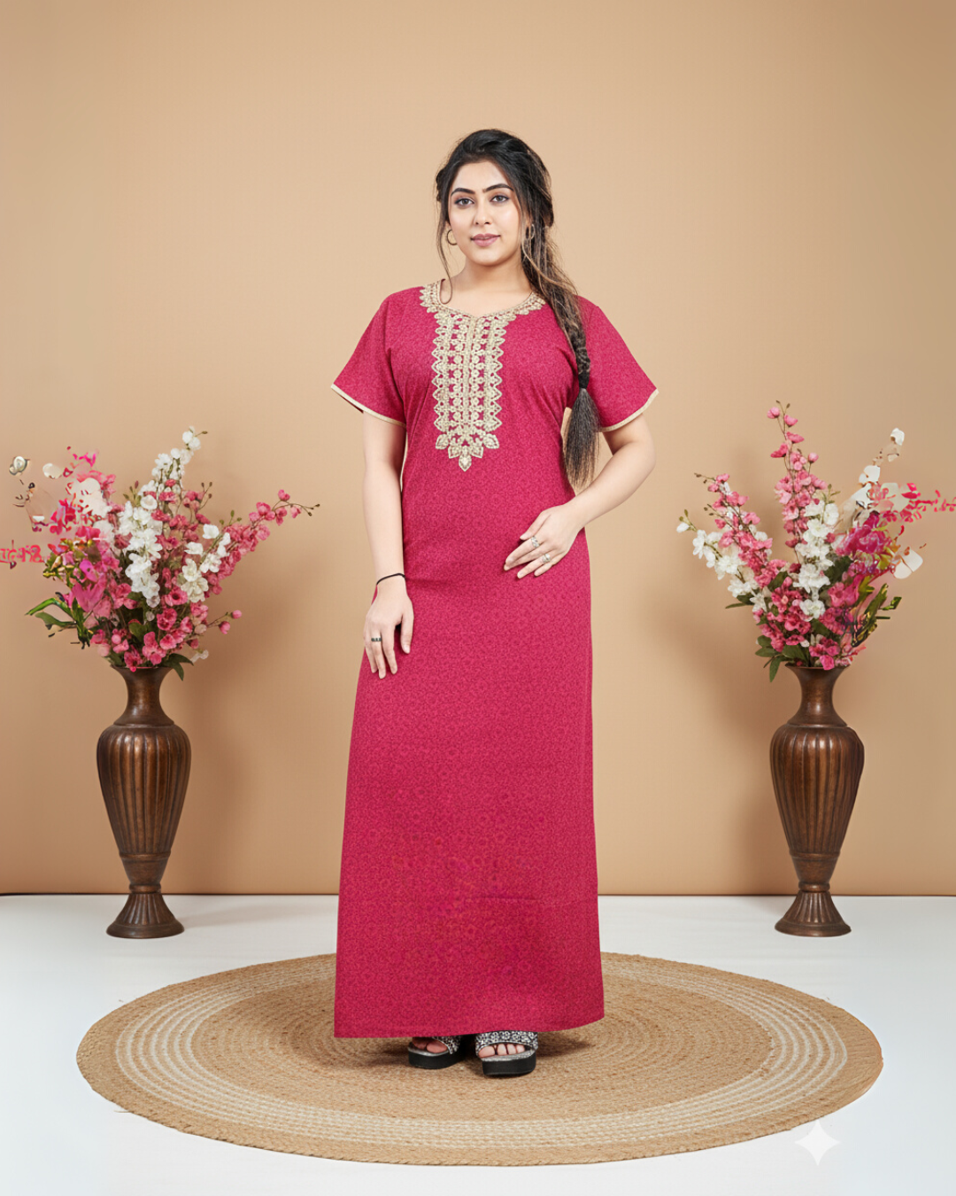 Zairra Embroidered Cotton Maxi Nighty for Women – Pink