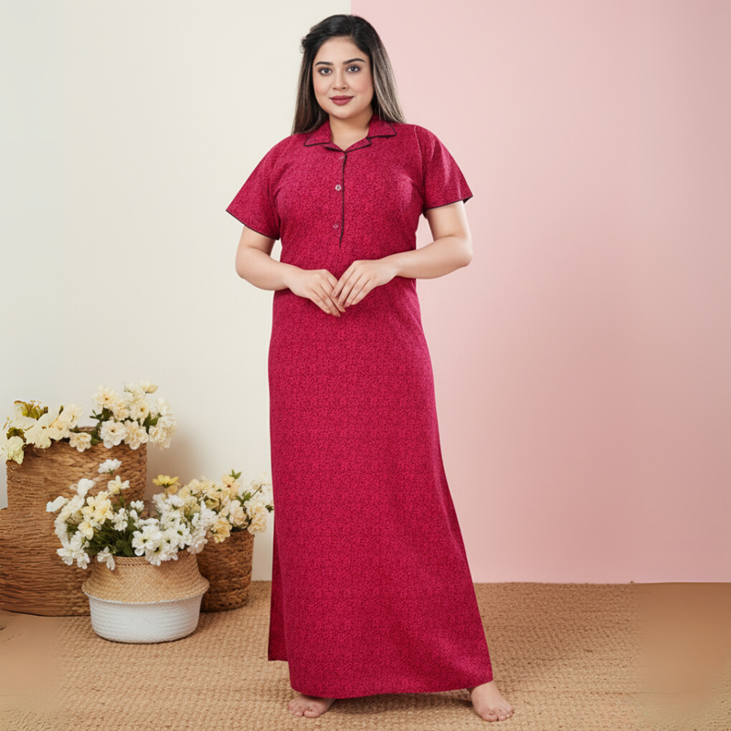 Zairra Pink Printed Cotton Maxi Nighty for Women – Button Front, Free Size