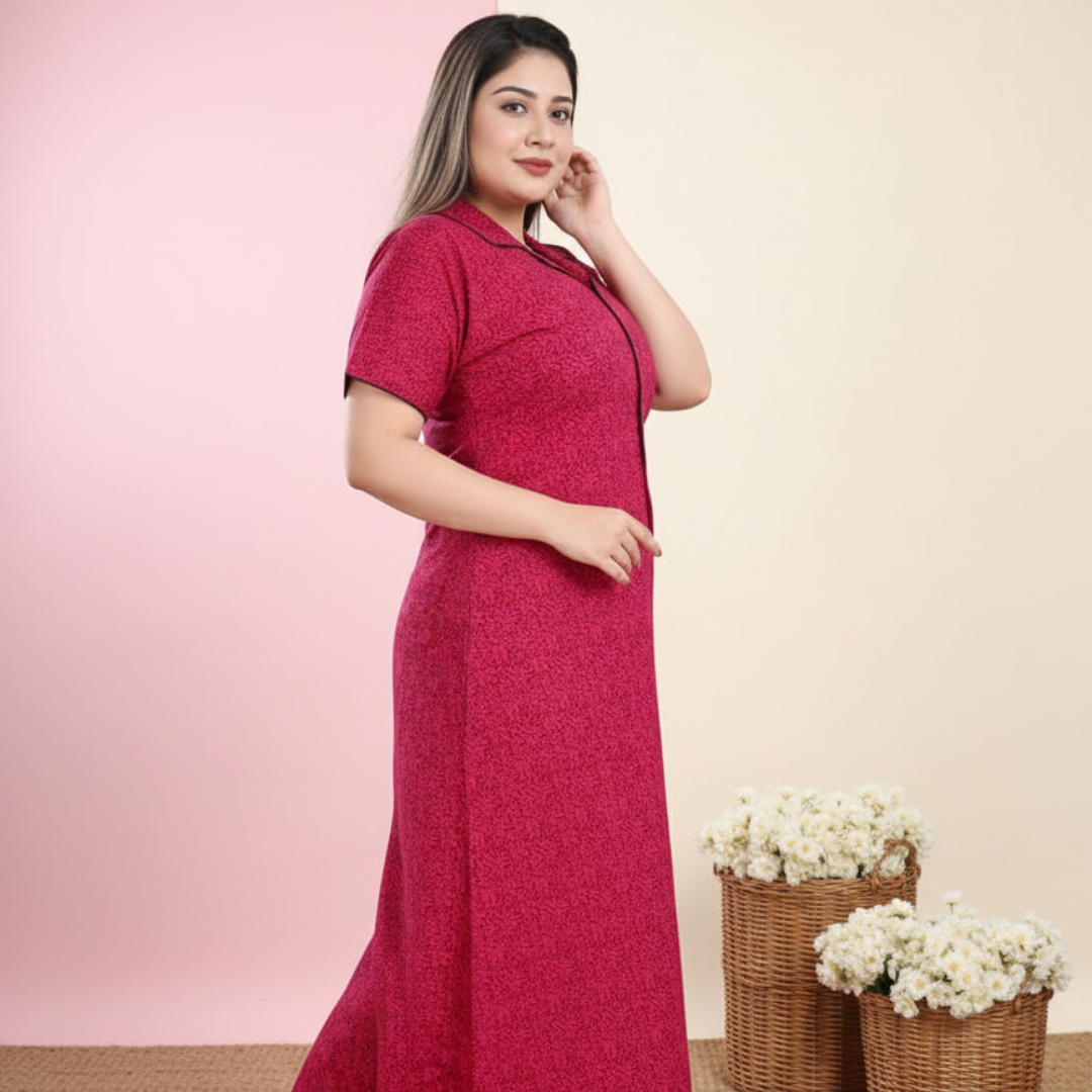 Zairra Pink Printed Cotton Maxi Nighty for Women – Button Front, Free Size
