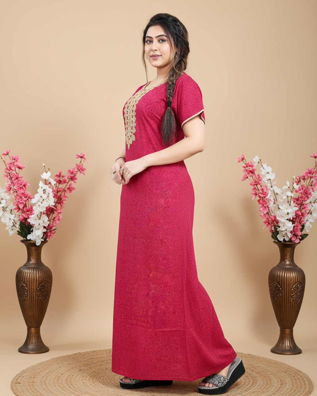 Zairra Embroidered Cotton Maxi Nighty for Women – Pink