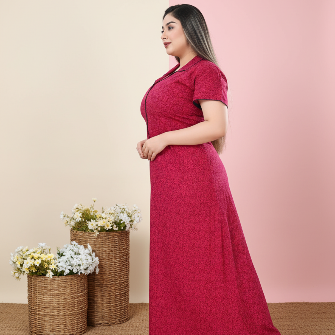 Zairra Pink Printed Cotton Maxi Nighty for Women – Button Front, Free Size