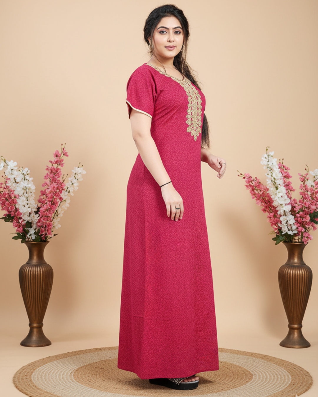 Zairra Embroidered Cotton Maxi Nighty for Women – Pink