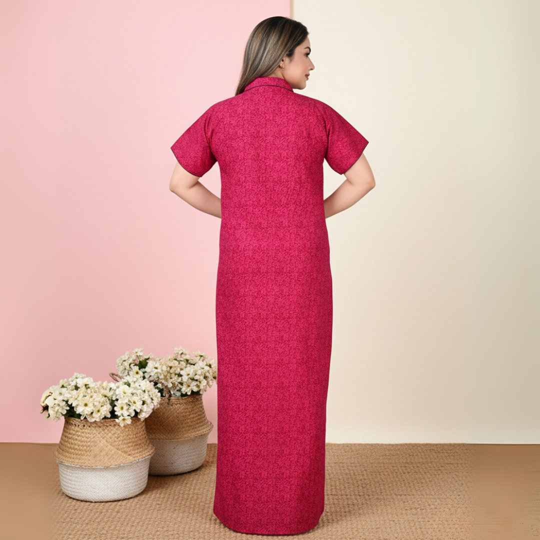 Zairra Pink Printed Cotton Maxi Nighty for Women – Button Front, Free Size