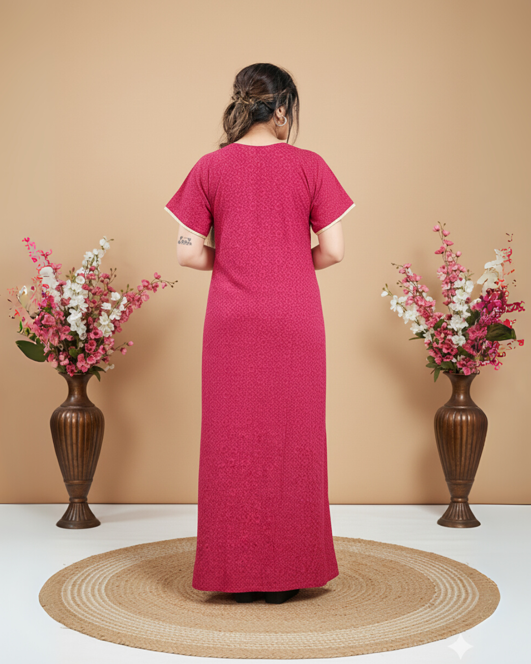 Zairra Embroidered Cotton Maxi Nighty for Women – Pink