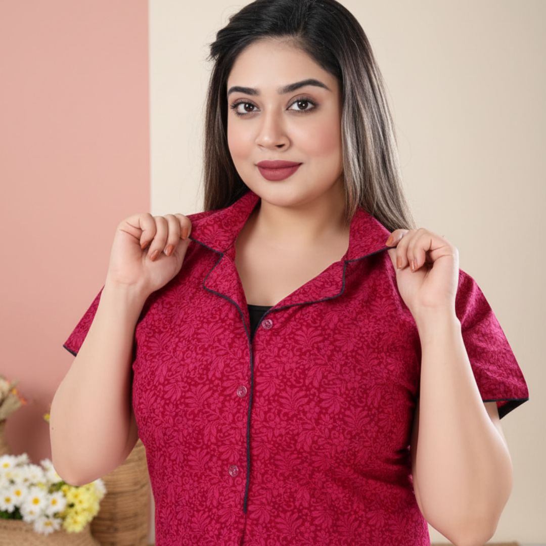 Zairra Pink Printed Cotton Maxi Nighty for Women – Button Front, Free Size