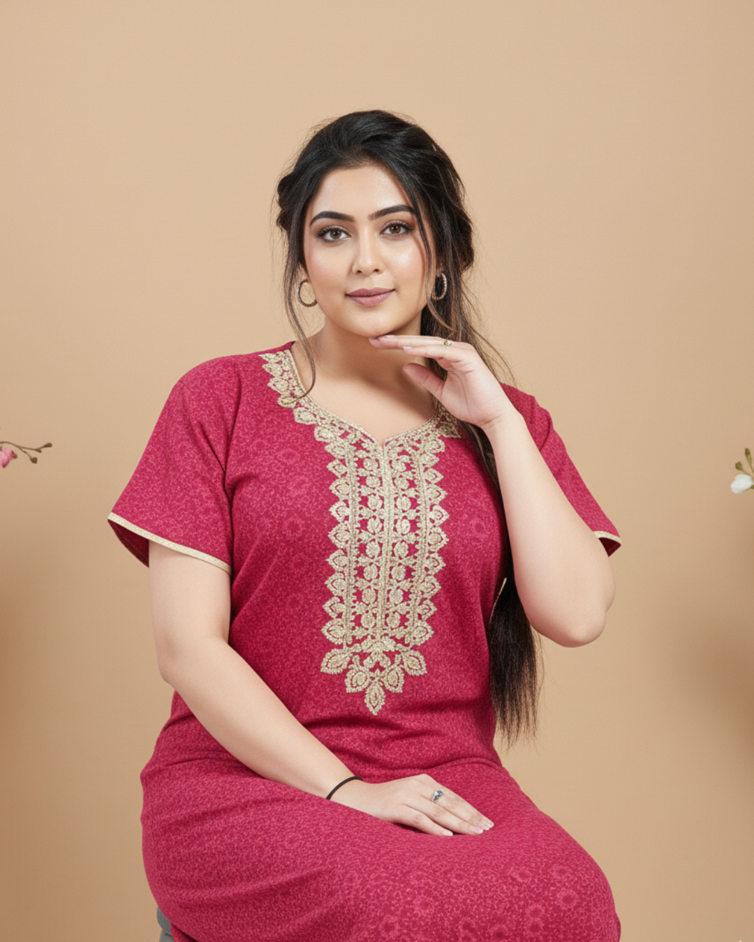 Zairra Embroidered Cotton Maxi Nighty for Women – Pink