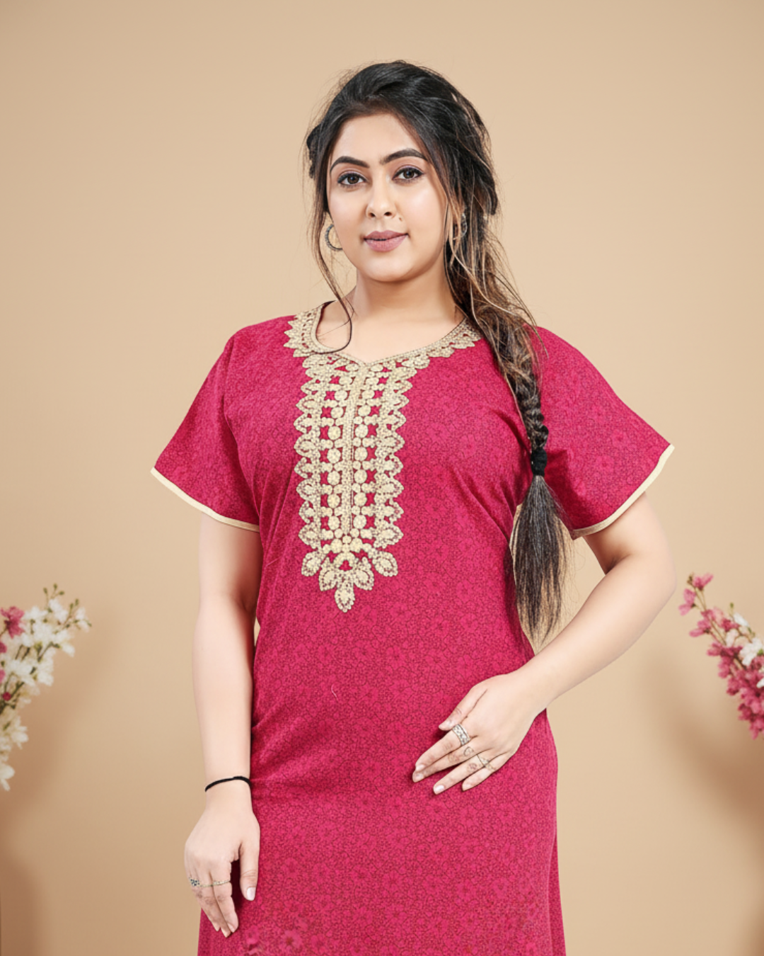 Zairra Embroidered Cotton Maxi Nighty for Women – Pink
