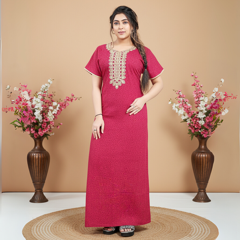 Zairra Embroidered Cotton Maxi Nighty for Women – Pink