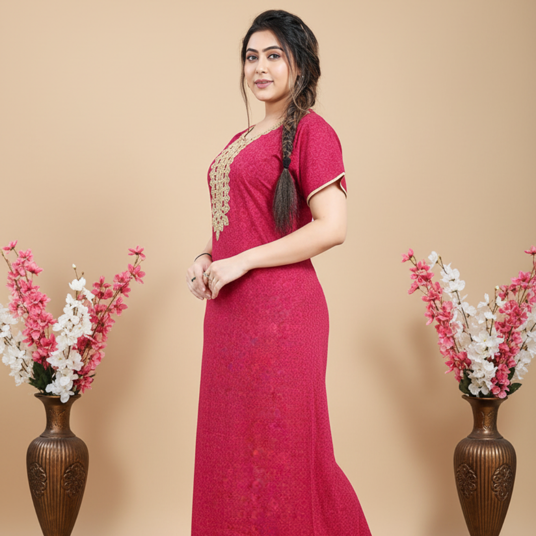 Zairra Embroidered Cotton Maxi Nighty for Women – Pink
