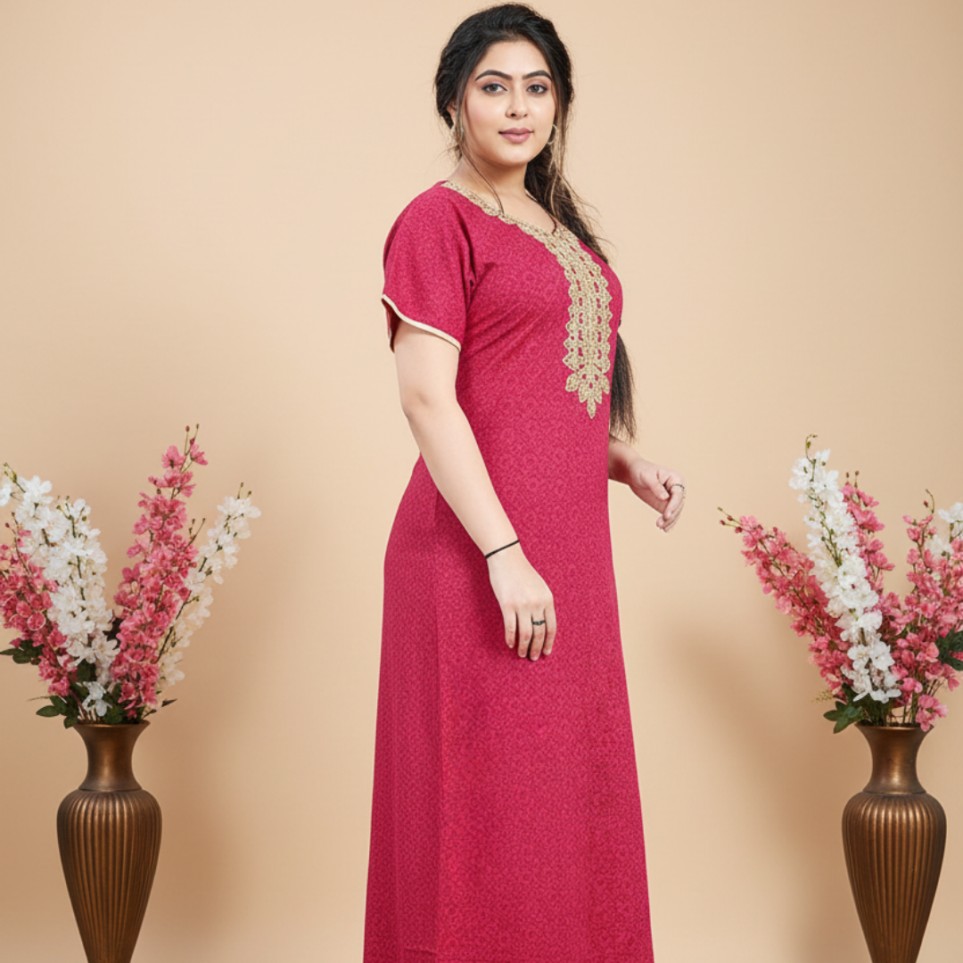 Zairra Embroidered Cotton Maxi Nighty for Women – Pink