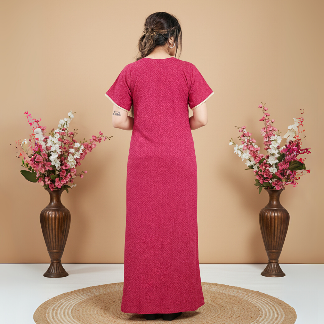 Zairra Embroidered Cotton Maxi Nighty for Women – Pink