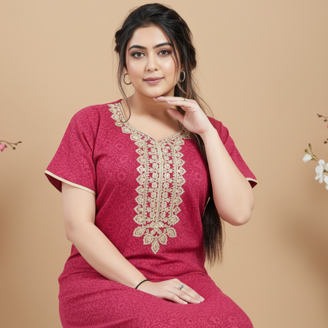 Zairra Embroidered Cotton Maxi Nighty for Women – Pink