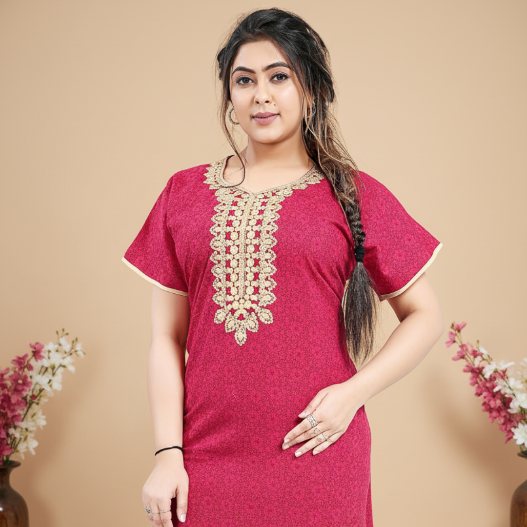 Zairra Embroidered Cotton Maxi Nighty for Women – Pink