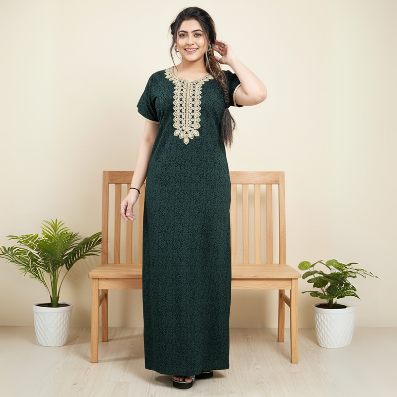 Zairra Embroidered Cotton Maxi Nighty for Women – Deep Green