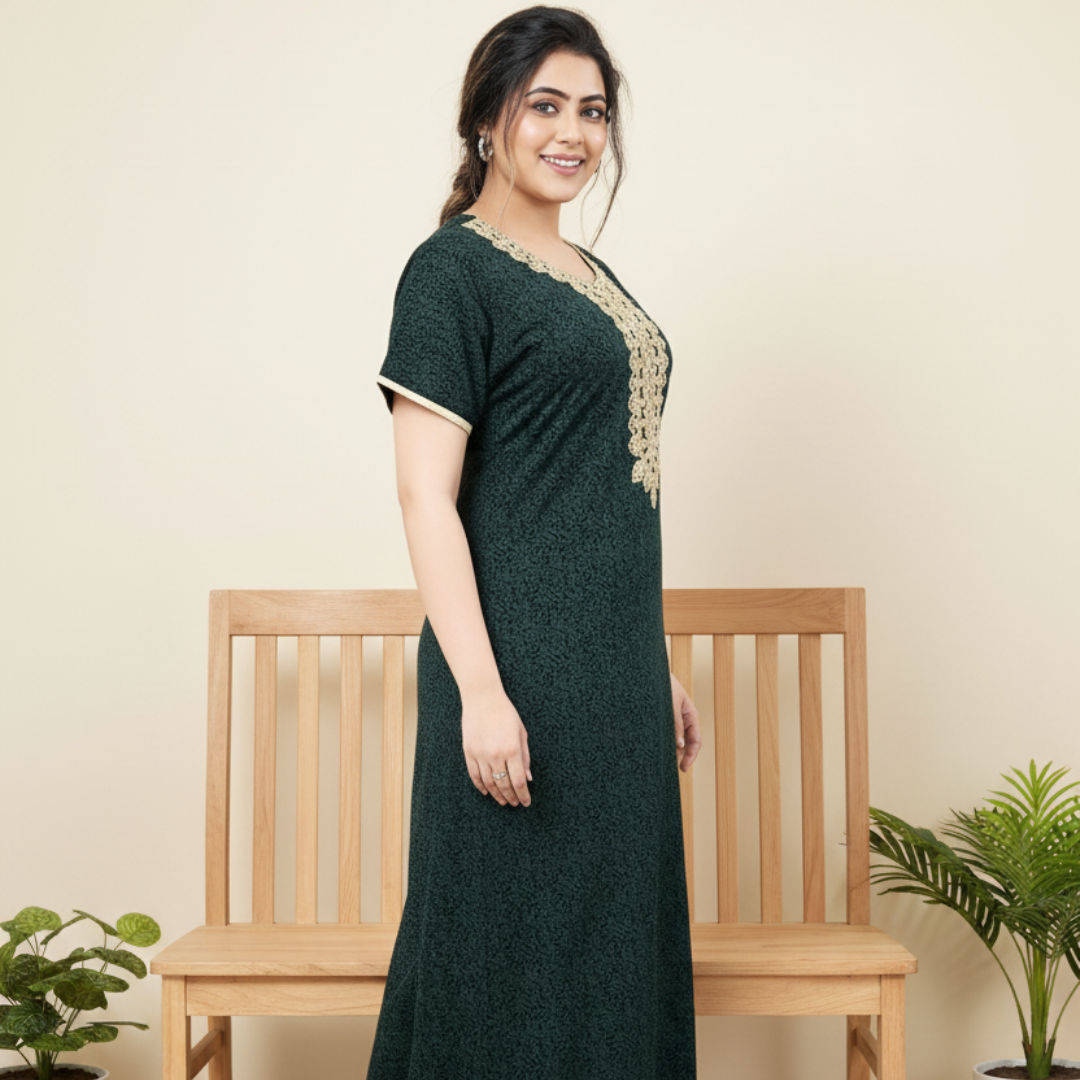 Zairra Embroidered Cotton Maxi Nighty for Women – Deep Green