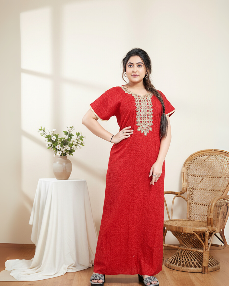 Zairra Red Embroidered Cotton Nighty for Women